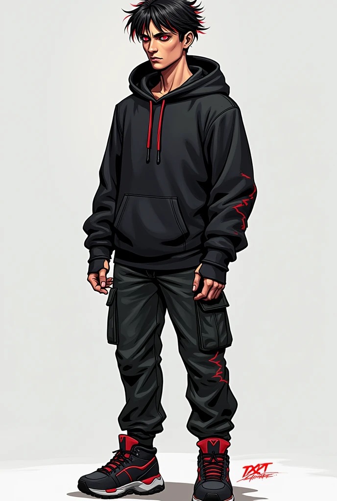 Here is the updated description of Turbo Xeno Symbiote (TXT) in his human form as a 16 year old teenager:

### Physical Appearance in Human Form ( teenager):

1. **Complexion and Physique:** In his human form as a teenager, TXT tiene una complexión atlética, typical of someone who trains regularly. He is thin but muscular, with a height slightly above average for his age, which gives it a slim and agile appearance.

2. **facial features:** His features are youthful and slightly angular., with a well-defined jaw and high cheekbones. He has a face that can be considered attractive., with an often relaxed but intense expression, reflecting both his youth and the experience he carries with him by his unique nature.

3. **hair:** TXT tiene el cabello negro con mechones rojos que añaden un toque distintivo a su apariencia. Her hair is medium length, slightly messy, which gives it a casual and modern style. Red strands are interspersed with black hair, giving it a rebellious and energetic air.

4. **eyes:** Her eyes are of an intense red, shining with a vibrant glow. This unusual color gives it a mysterious and somewhat intimidating look., Although he often hides it behind a kind or thoughtful look.

### Clothing in Human Form:

1. **casual clothes:** As a teenager, TXT prefiere ropa cómoda y moderna que refleje su personalidad juvenil. He usually wears tight t-shirts or hooded sweatshirts., Often in dark tones or with prints that reflect their taste for technology and science fiction.. His style is contemporary, mixing elements of urban fashion with futuristic touches.

2. **Pants and Footwear:** TXT normalmente viste jeans oscuros o pantalones cargo, that allow you to move freely and have some gadgets or tools at hand. Their footwear is usually high-tech sneakers., that match your youthful style and provide the necessary support for every day.