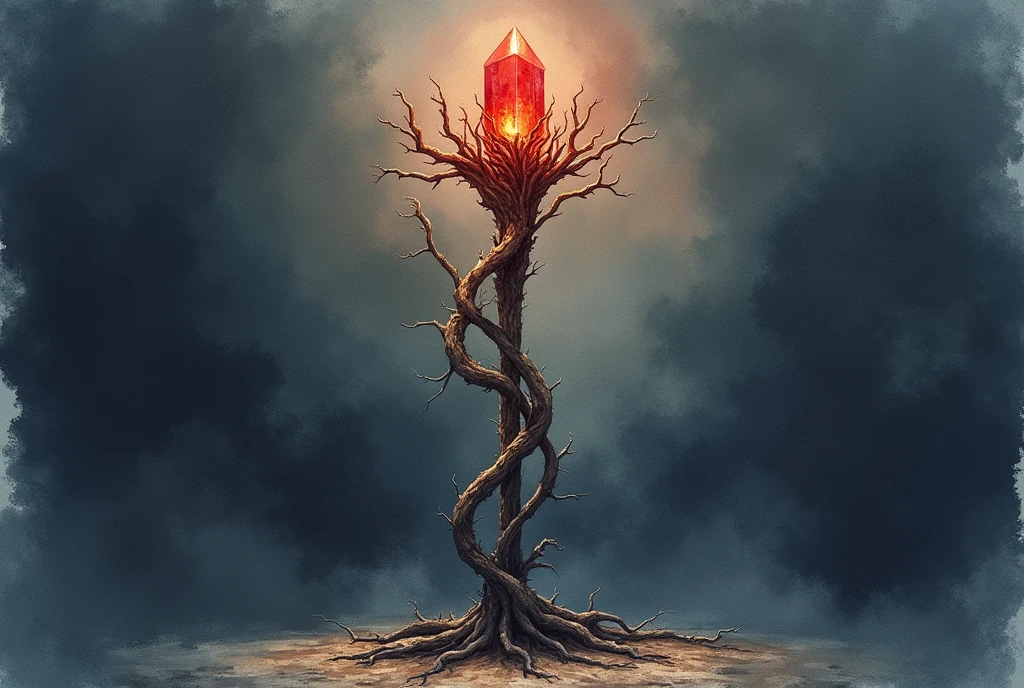 Black watercolor of the staff of Hermes made of roots with a bright blood red crystal.