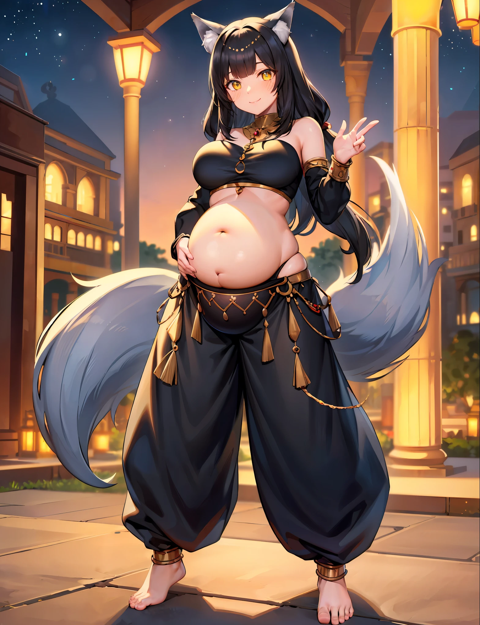 (best quality, ultra-high resolution, depth of field:1.2), (full body shot:1.2), (perfect body:1.2), (big breasts:1.2), (round pregnant belly:1.2), beautiful face, (2), (wolf woman), radiant eyes, (yellow eyes:1.2), (beautiful smile), (black hair), animal ears, (fluffy wolf ears), (fluffy wolf tail), (strapless top:1.2), (long sleeves:1.2), (wearing a baggy harem belly dance pants:1.2), (bare feet:1.2), (full of jewelry:1.2), night time, (multiple points of views), (standing pose:1.2)
