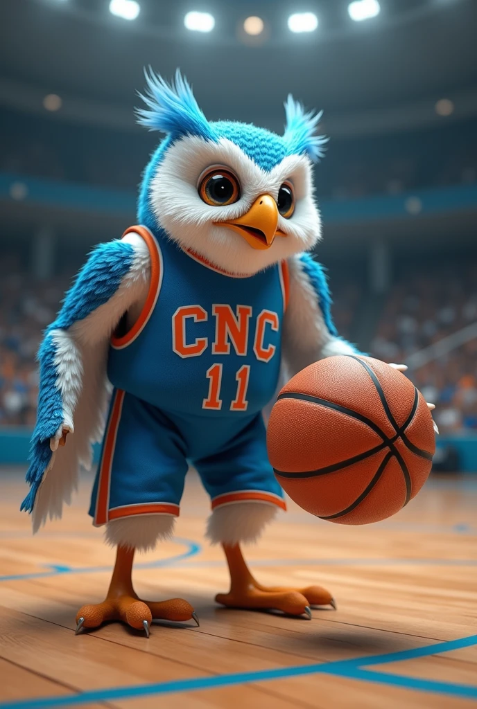 A blue and white owl playing basketball with the CNC on its jersey
