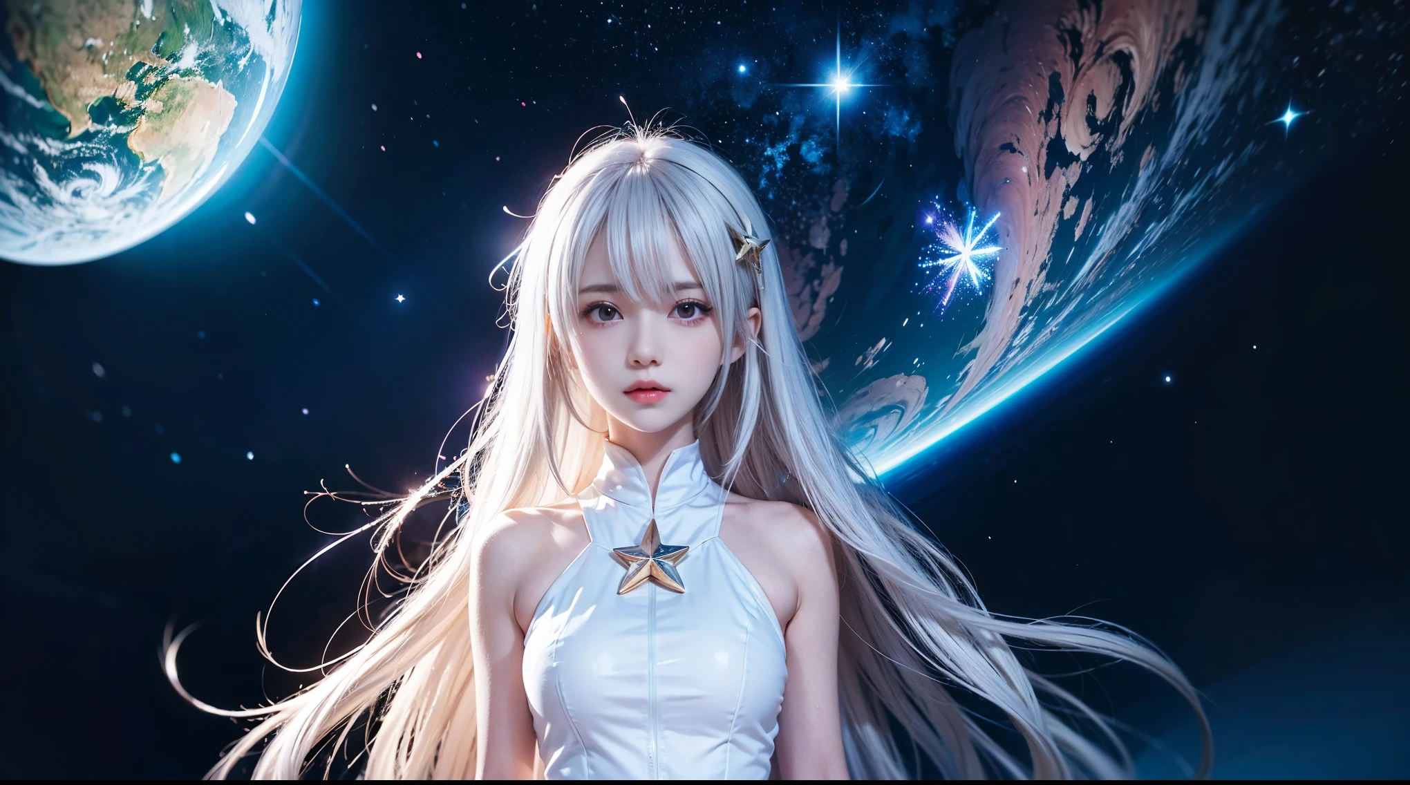 anime girl with long white hair and a star in her hair, White-haired God, Anime girl with space-like hair, star(null) starry_null, Cute girl anime visuals, Splash Art Anime , White glowing aura, White Haired Girl, Ethereal Anime, akasuki voidstar, Celestial Aura, Nightcore, Anime Moe Art Style