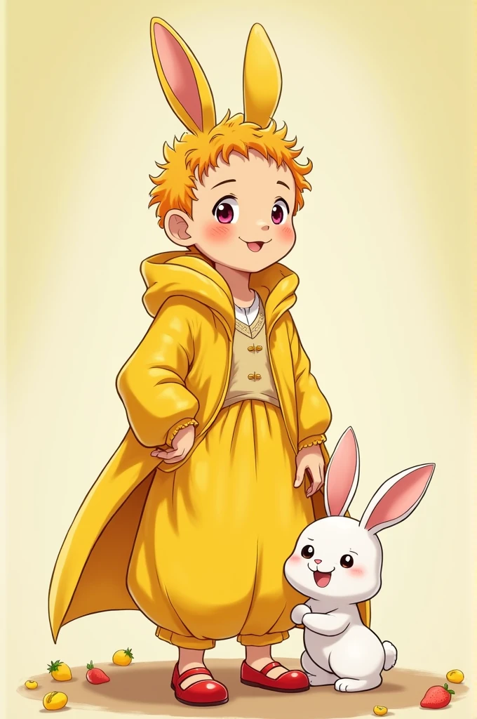 (anime) Create the prince of fruits Expression sweet dressed in yellow and accompanied by his pet a white rabbit