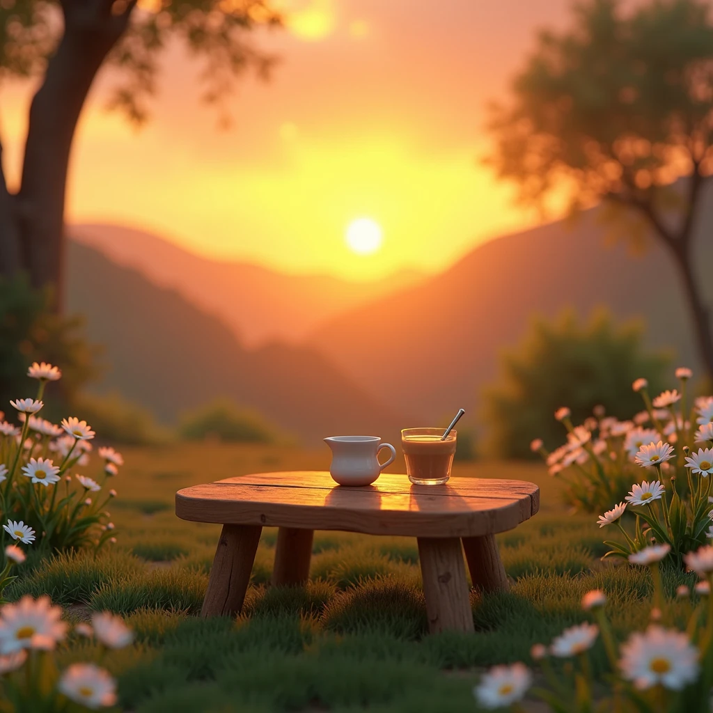 coffee,table,bench,sunset,daisies
