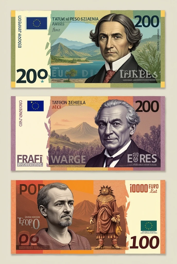 designs a new 200 euro bill,000 Colombian pesos, I would consider the following elements:
**Obverse:**
- **portrait**: An important historical figure, as a literary or scientific figure of Colombia, that has not been previously represented.
- **landscape**: An emblematic landscape of Colombia, like the Tayrona National Natural Park, that highlights the country's biodiversity.
**reverse:**
- **cultural heritage**: Represent a significant cultural symbol, like a traditional dance or an indigenous performance.
- **Safety elements**: Holograms, Special inks and watermarks that change color when the bill is tilted.