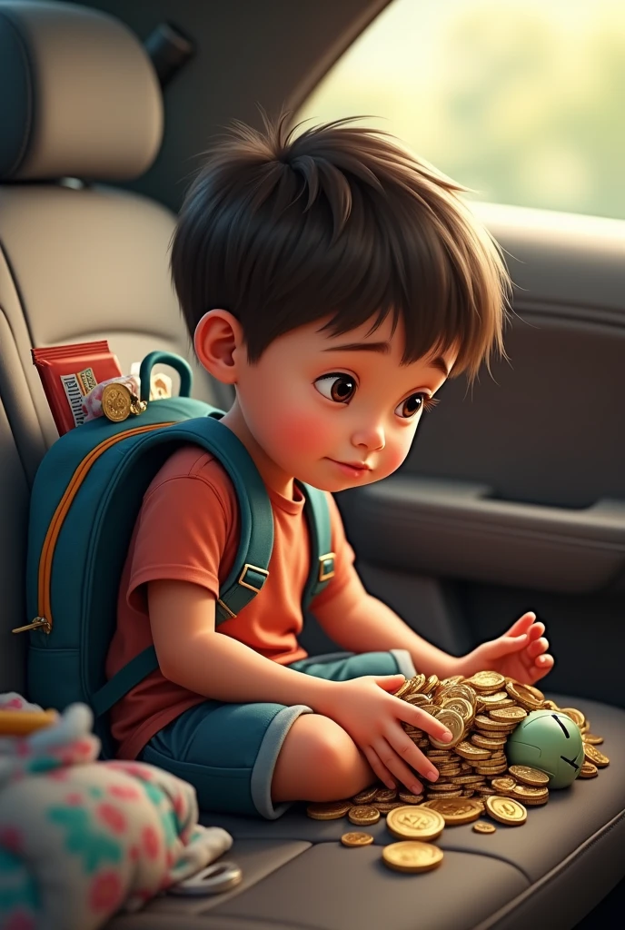 generates an image of a child searching for coins in his backpack but there were none in the car