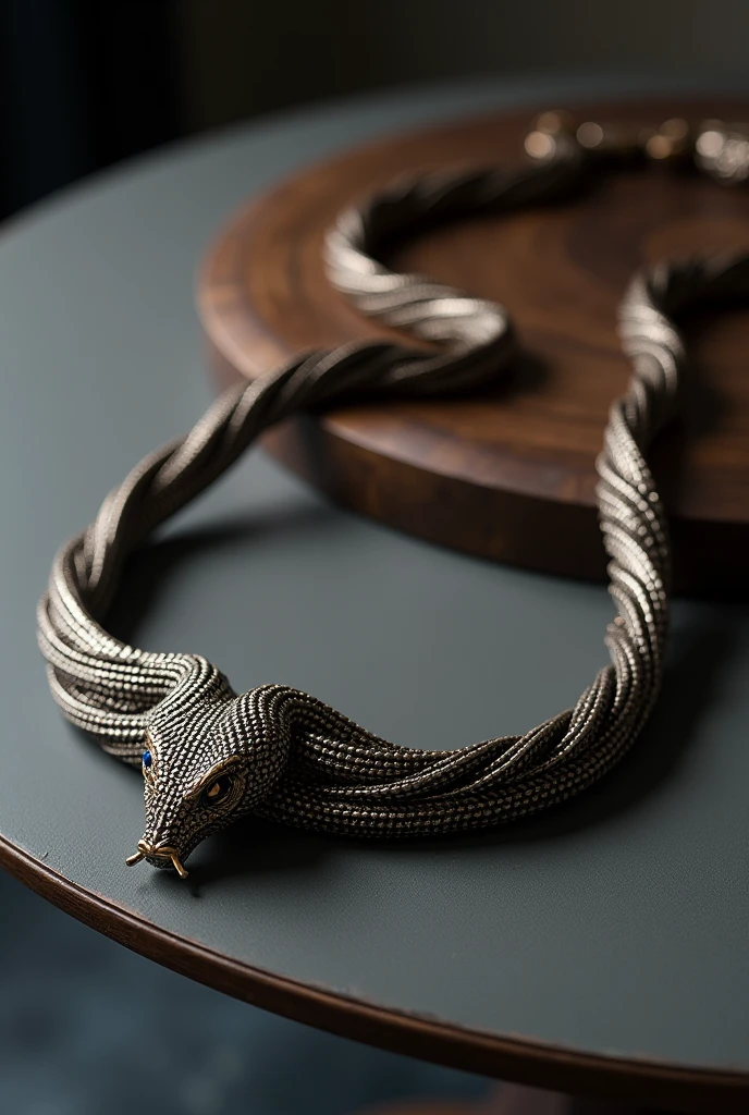 A men's necklace with a snake style but only in the center, the rest should be a normal necklace.,the necklace should be on a table