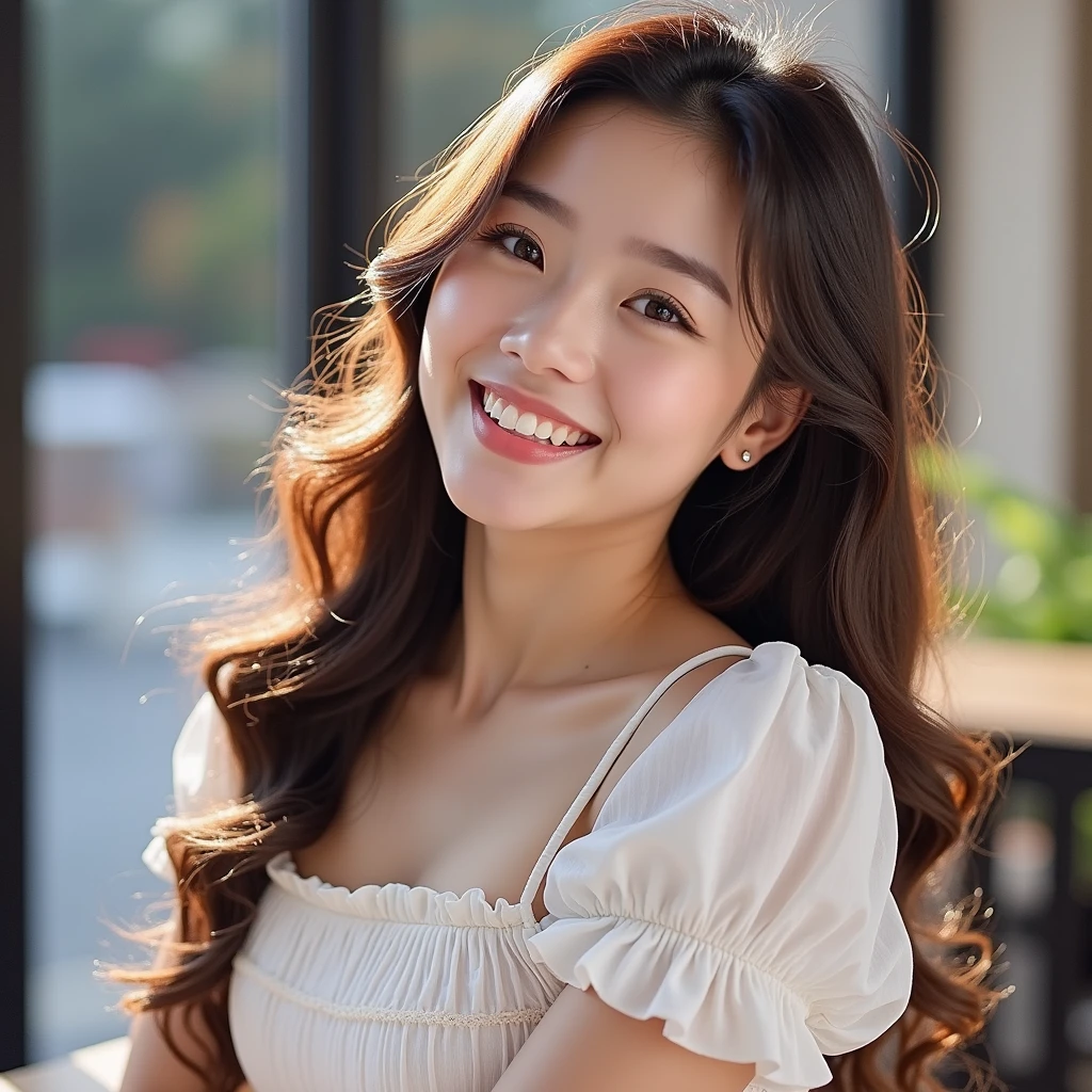 a young mixed asian and hispanic woman with long wavy hair wearing a short cute white summer dress, sitting at a table, small breasts, smiling, (high detail skin:1.2), 8K UHD, Digital SLR, High quality, filmgrain, Fujifilm XT3, perfect figure, (beautiful woman:1.4), ((wavy hair)), RAW photo, rim lighting, dim lighting, perfect anatomy, anatomically correct, perfection proportions.