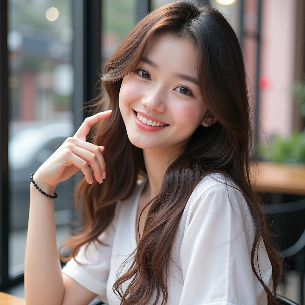 a young mixed asian and hispanic woman with long wavy hair wearing a short cute white summer dress, sitting at a table, small breasts, smiling, (high detail skin:1.2), 8K UHD, Digital SLR, High quality, filmgrain, Fujifilm XT3, perfect figure, (beautiful woman:1.4), ((wavy hair)), RAW photo, rim lighting, dim lighting, perfect anatomy, anatomically correct, perfection proportions.