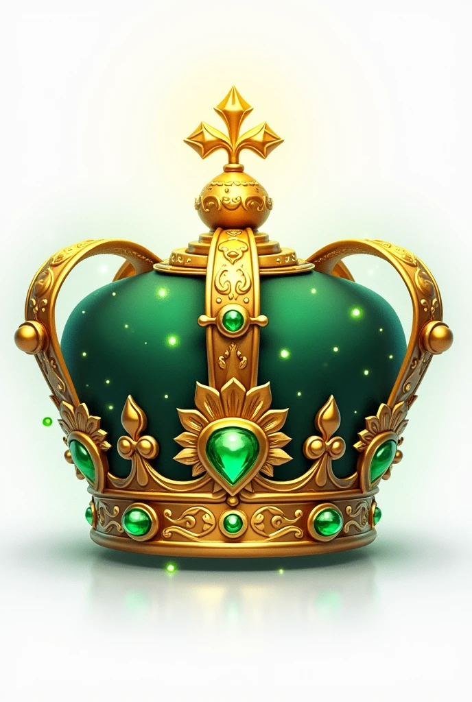create on a white background, An animated illustration of a golden crown, with inlays of green precious stones. The crown debe tener una temática fantástica. The crown, It should resemble a real appearance., predominantly dark green, with intricate gold ornaments. The crown debe presentar patrones ricos y celestiales.. The overall aesthetic should be magical and majestic.., making the crown, be from a fantasy kingdom.