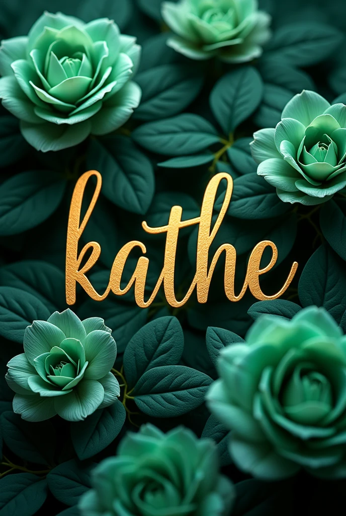 word Kathe in gold color in sans serif font surrounded by beautiful jade green flowers