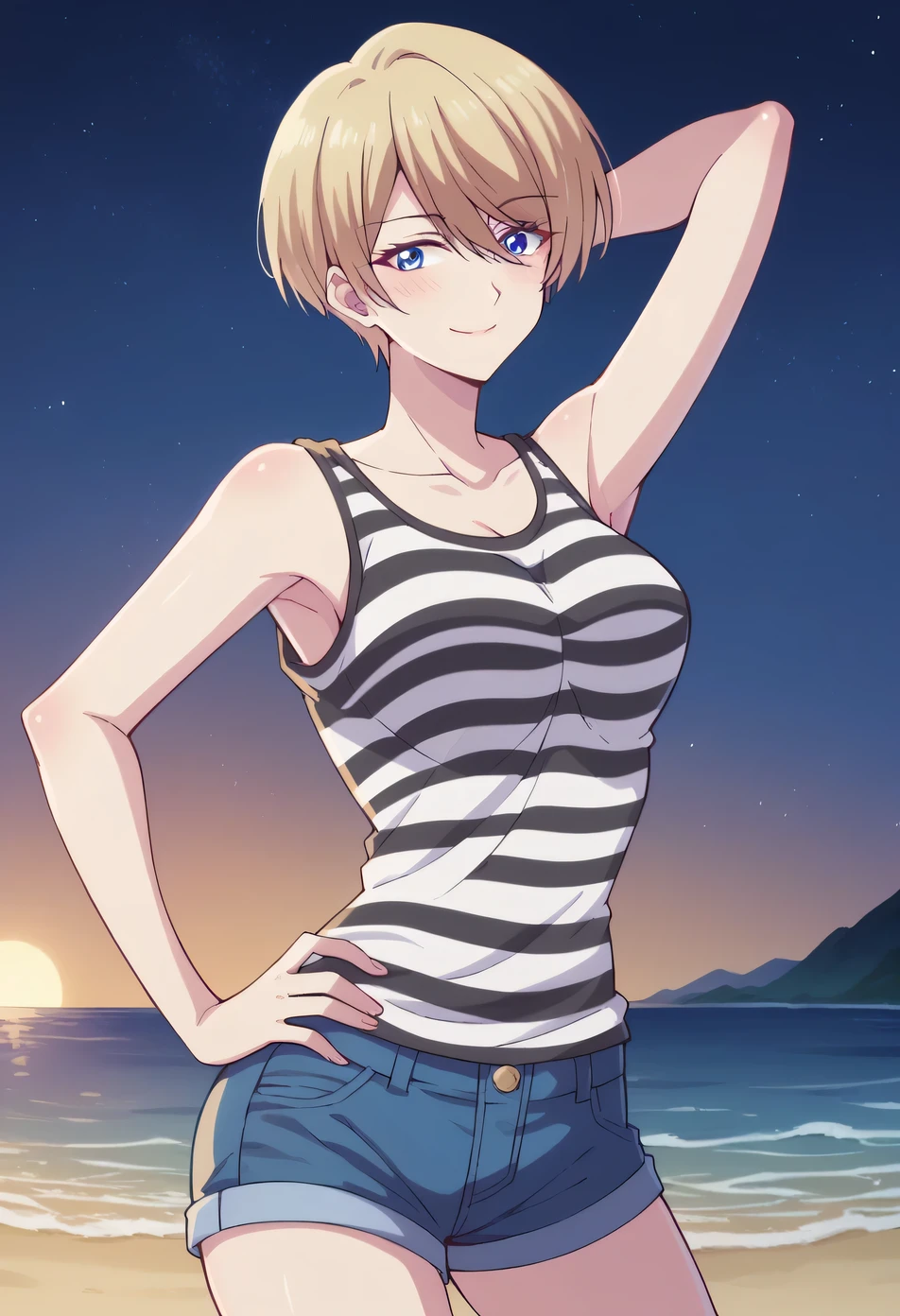 akane hououji, pixie cut, short hair, bangs, blue eyes, blonde hair, hblack_tank_top, striped_shirt, jean shorts, high quality, solo, blushing, night sky, beach, arm behind head, hand on hip, medium breast, contrapposto, closed mouth, spread armpits, cowboy shot, looking at viewer, smile, best quality,