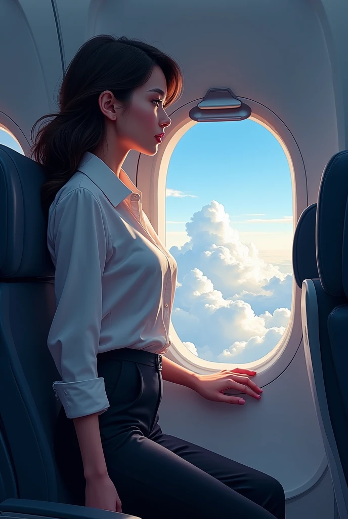Create the image of a woman traveling on a plane, looking out of the window at the clouds in the plane
