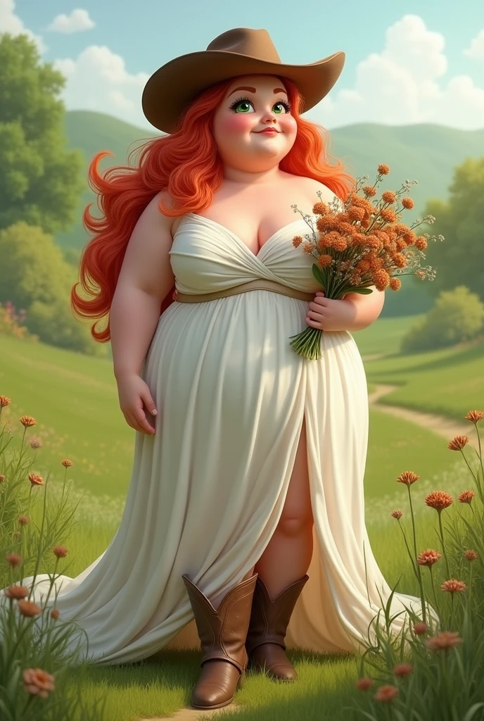 A plump bride with white skin, green eyes and red hair, long and very orange, wearing a white dress with a low neckline down to the floor and a slit on the left leg, wearing brown cowboy boots and a brown cowboy hat on her head, with a bouquet of dried flowers in brown and orange on a green field.