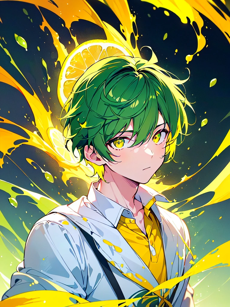 [(NIGHT CITY BACKGROUND:1.5),::5], ((((masterpiece)))), high quality, very_high_resolution, large_filesize, upper body, full color, ((younger boy)), 13 old year, ((short green hair)), vivid color, ((yellow eye)), Summer clothes white, animestyle, (Lemon Lime Splash effect:1.3)