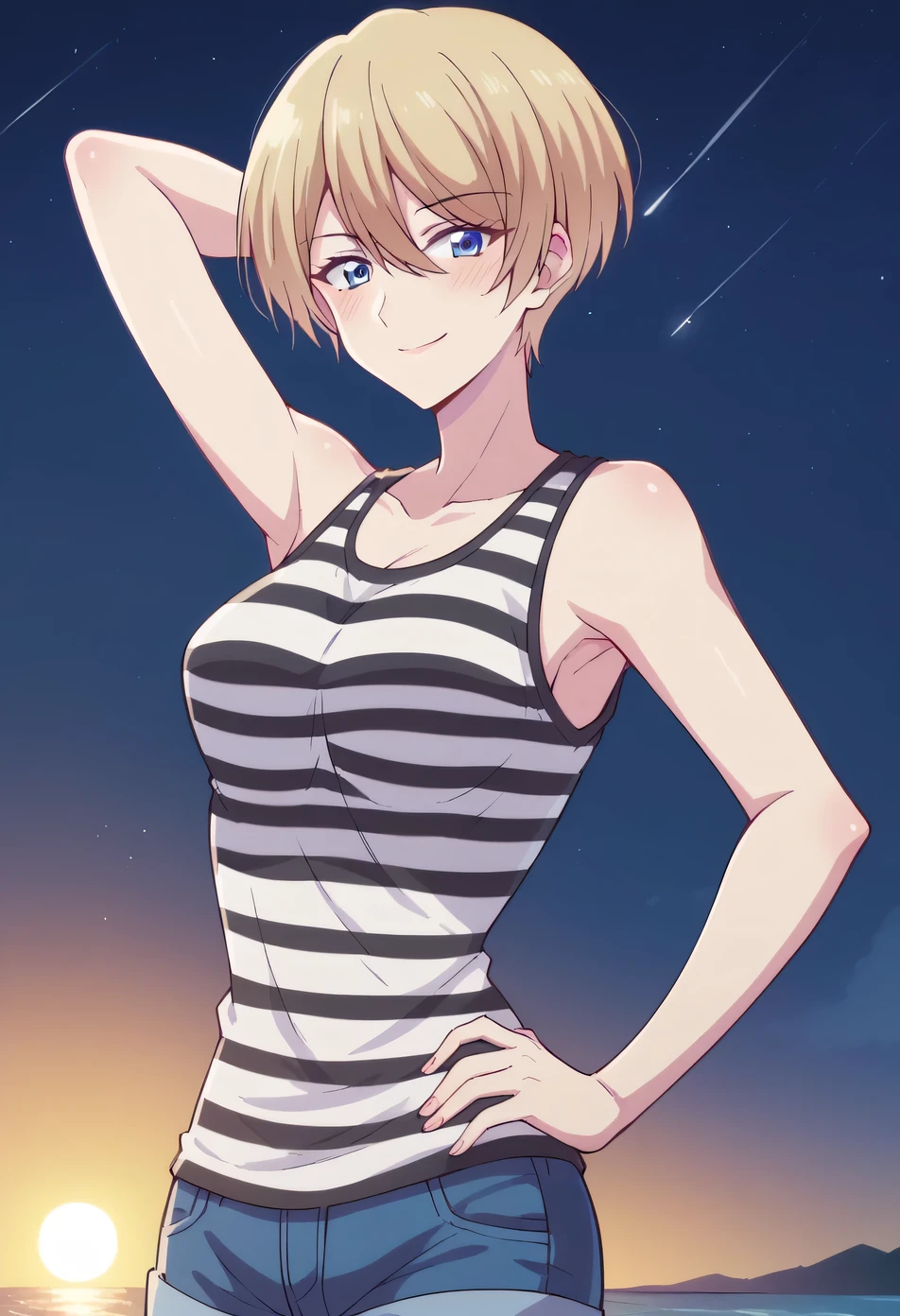 akane hououji, pixie cut, short hair, bangs, blue eyes, blonde hair, hblack_tank_top, striped_shirt, jean shorts, high quality, solo, blushing, night sky, beach, arm behind head, hand on hip, medium breast, contrapposto, closed mouth, spread armpits, cowboy shot, looking at viewer, smile, best quality,
