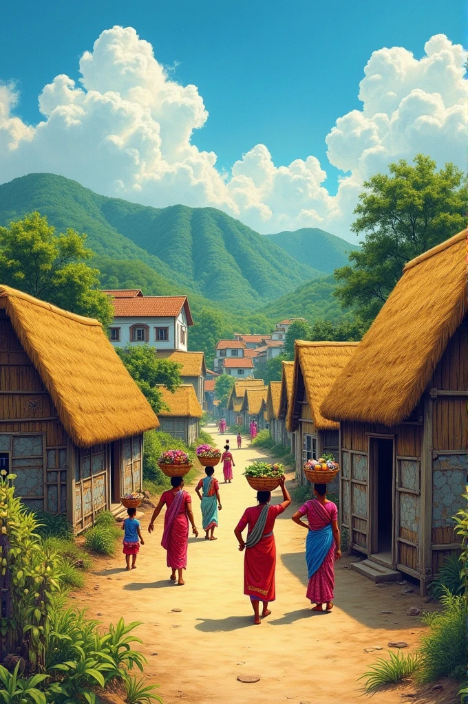 Indian rural village scenery drawing and colorful painting 