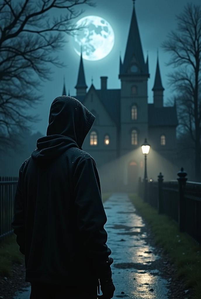 Description: a young man, black hooded dress , carrying a flashlight, Standing at the entrance to the haunted mansion. He looks determined, but a little apprehensive about entering. a humid and rainy environment, with an atmosphere of suspense, photo taken at night. In the sky a moon illuminates the street full of streetlights.
