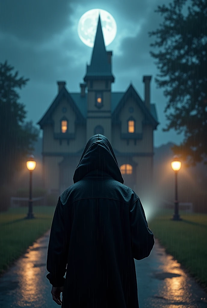 Description: a young man, black hooded dress , carrying a flashlight, Standing at the entrance to the haunted mansion. He looks determined, but a little apprehensive about entering. a humid and rainy environment, with an atmosphere of suspense, photo taken at night. In the sky a moon illuminates the street full of streetlights.