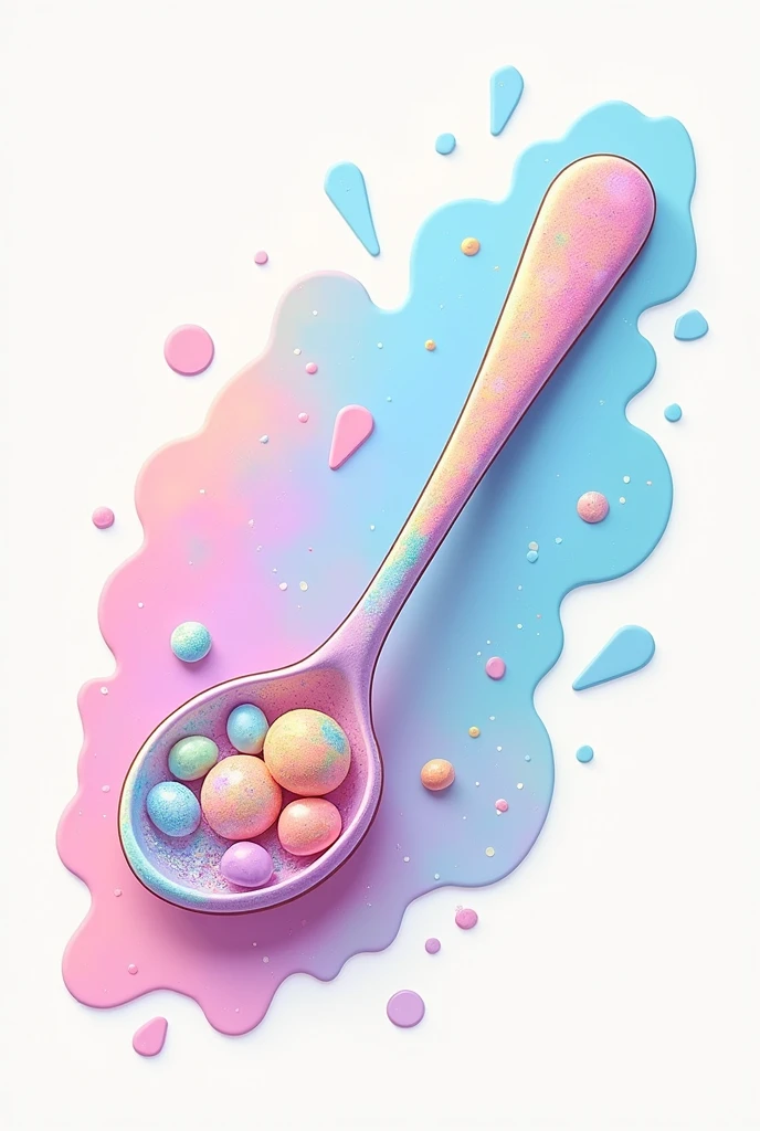 Make a small small spoon with multicolor pastel glitter tiny pebbles inside with splash art style around 2d anime drawing cute like in motion logo circle