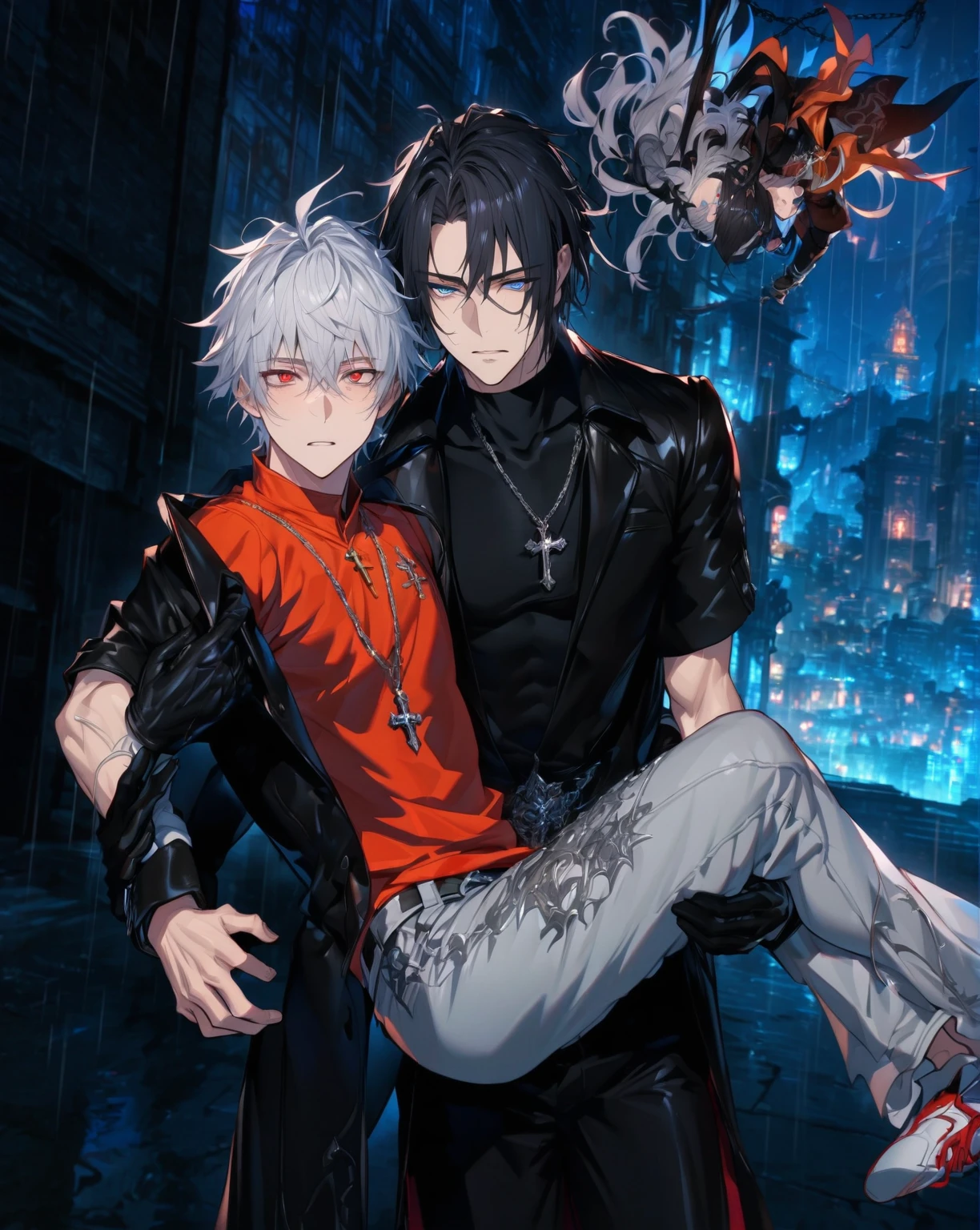 absurdres, highres, ultra detailed, HDR, master piece, best quality, extremely detailed, detailed face, detailed eyes, Shiki, black hair, expressive red eyes, Togainu No Chi, Akira, silver hair, messy hair, expressive blue eyes, a man carrying another man in his arms, handsome, mature man, adult face, black leather coat with high collar, black tight turtleneck shirt, black leather pants, belt, orange T-shirt, black jacket with fur, gray pants, white sneakers, chains, black gloves, fantasy, magical, cross necklace, city, buildings, raining