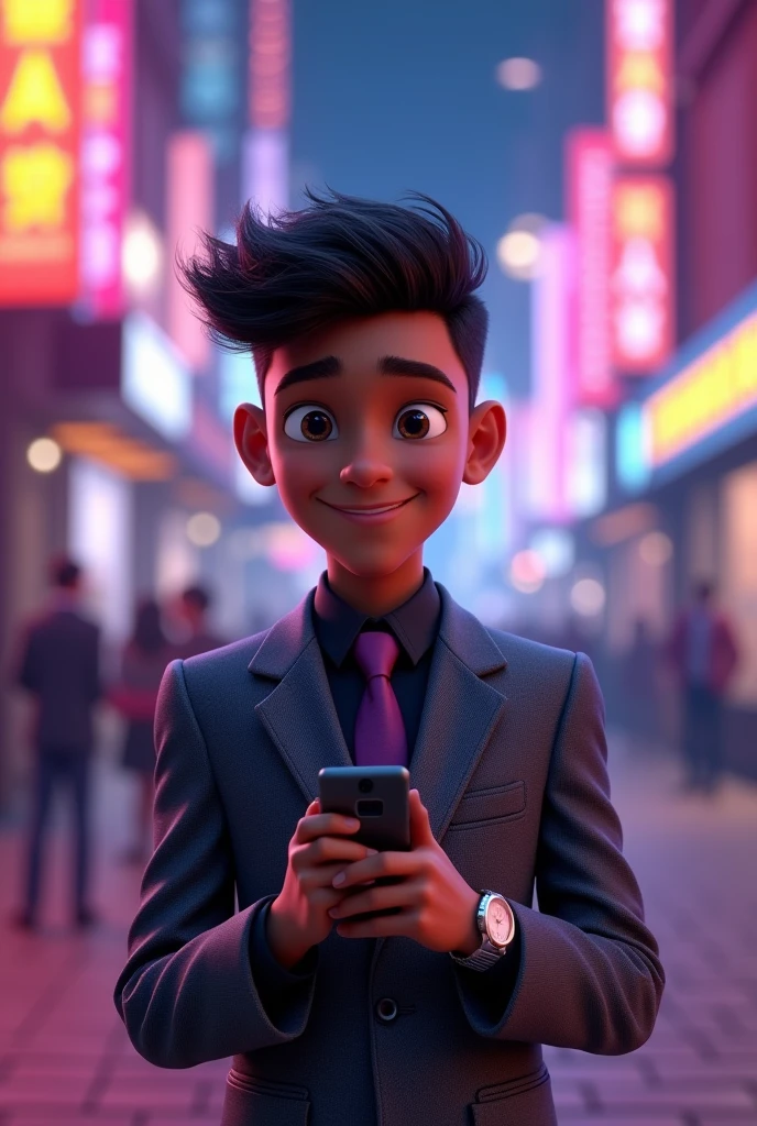 A 3D Pixar movie poster featuring a black boy, short black hair, marked jaw, wearing a dark gray suit with a black dress shirt and a dark purple tie. He holds his cell phone in his hand as if he were taking a picture and wears a watch on his wrist.
