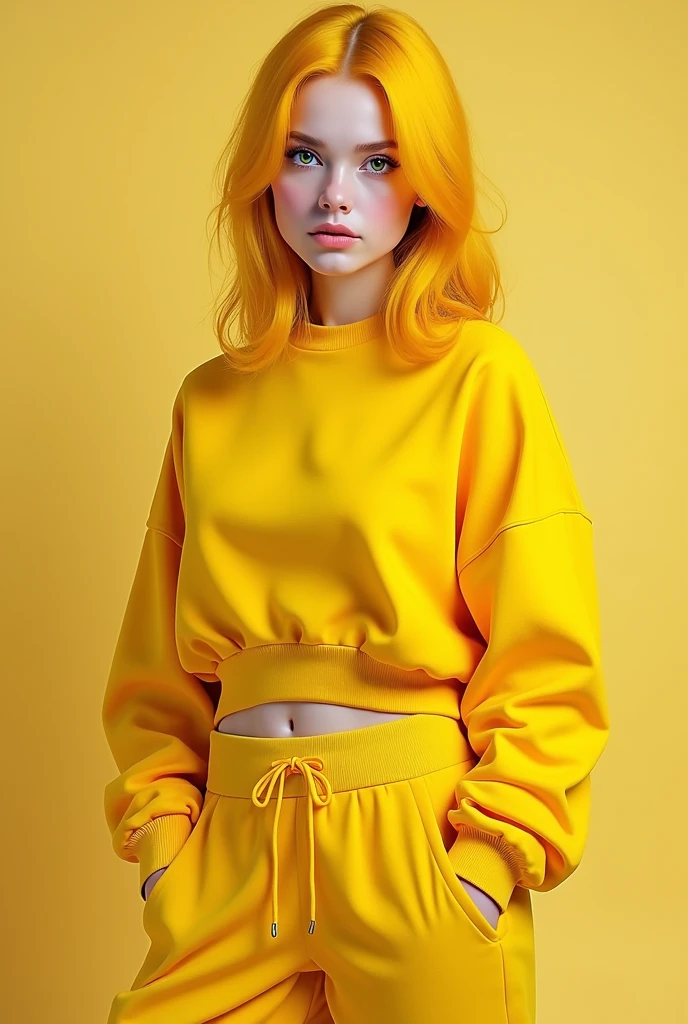 woman with dark yellow hair, yellow sweatshirt, yellow pants, green eyes, yellow shoes, medium breasts, medium buttocks, thin eyebrows.