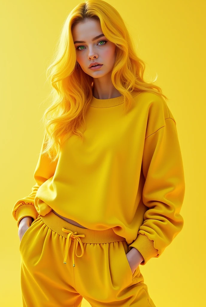 woman with dark yellow hair, yellow sweatshirt, yellow pants, green eyes, yellow shoes, medium breasts, medium buttocks, thin eyebrows.