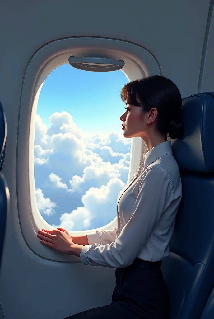 Create the image of a woman traveling on a plane, looking out of the window at the clouds in the plane