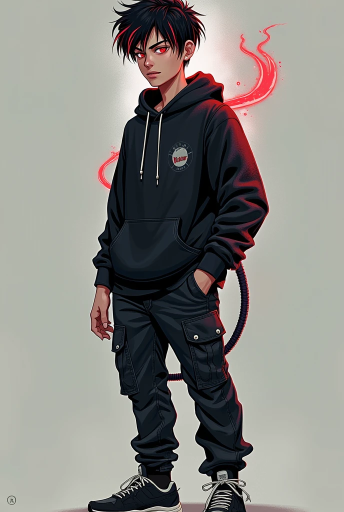 Here is the updated description of Turbo Xeno Symbiote (TXT) in his human form as a 16 year old teenager:
### Physical Appearance in Human Form ( teenager):
1. **Complexion and Physique:** In his human form as a teenager, TXT tiene una complexión atlética, typical of someone who trains regularly. He is thin but muscular, with a height slightly above average for his age, which gives it a slim and agile appearance.
2. **facial features:** His features are youthful and slightly angular., with a well-defined jaw and high cheekbones. He has a face that can be considered attractive., with an often relaxed but intense expression, reflecting both his youth and the experience he carries with him by his unique nature.
3. **hair:** TXT tiene el cabello negro con mechones rojos que añaden un toque distintivo a su apariencia. Her hair is medium length, slightly messy, which gives it a casual and modern style. Red strands are interspersed with black hair, giving it a rebellious and energetic air.
4. **eyes:** Her eyes are of an intense red, shining with a vibrant glow. This unusual color gives it a mysterious and somewhat intimidating look., Although he often hides it behind a kind or thoughtful look.
### Clothing in Human Form:
1. **casual clothes:** As a teenager, TXT prefiere ropa cómoda y moderna que refleje su personalidad juvenil. He usually wears tight t-shirts or hooded sweatshirts., Often in dark tones or with prints that reflect their taste for technology and science fiction.. His style is contemporary, mixing elements of urban fashion with futuristic touches.
2. **Pants and Footwear:** TXT normalmente viste jeans oscuros o pantalones cargo, that allow you to move freely and have some gadgets or tools at hand. Their footwear is usually high-tech sneakers., that match your youthful style and provide the necessary support for every day.