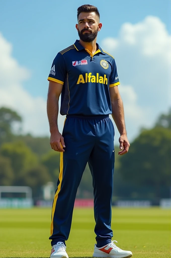 Best cricket Jersey and trouser kits navy blue and dark yellow combo write on Alfalah