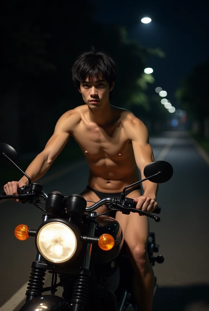 1boy、Real photo style、Photo Quality、Cute handsome man、Mash Hair、Japanese male, 、Completely naked、Full nudity、erection、Huge penis、Highest quality、Realistic、beautiful、Ride a motorcycle、night、darkness