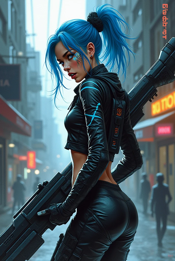 /imagine a drawing with lines and brush paintings, with watercolor touches, of a cyberpunk warrior, make a stylized drawing, in the style of illustrator Otto Schmidt, she wears leather clothes, blue neon details, blue hair, war paint on her face, wielding a large technological weapon, she appears from the side, she is turning her face back, she has a frightened expression, large, wide eyes, around her a chaotic futuristic city, dark and sober environment, streets in the style of the cities in the film Blade Runner 2049,