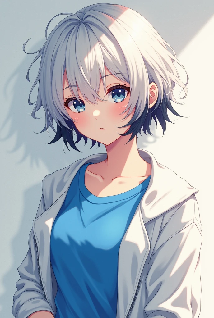 anime girl with normal breasts, short white hair with black hair tips, wearing a white jacket and a blue shirt, 