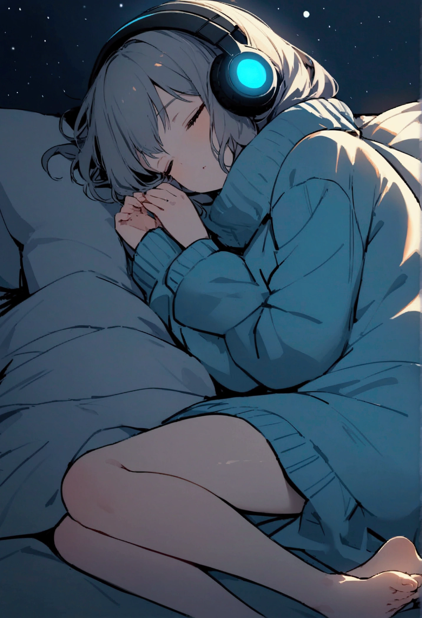 girl, ((Sleeping on your side)), Wearing a large sweater, Wear headphones, Covering her feet with a blanket, praise, Calm, Calm atmosphere, Nice, night, quiet night, masterpiece, Highest quality,Only the headphones are glowing blue