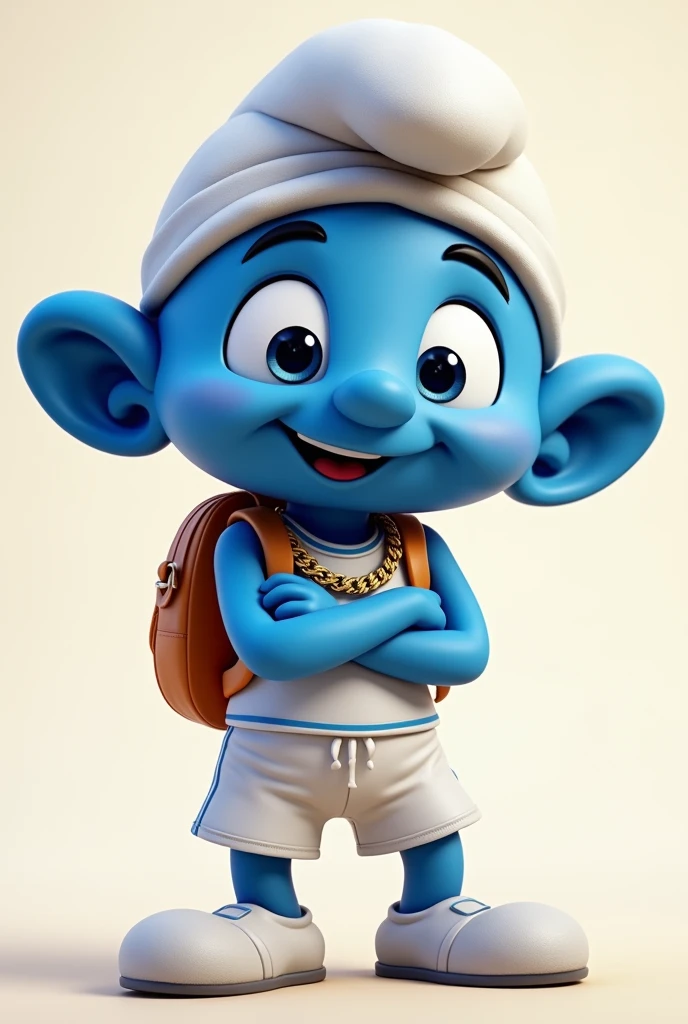 Create a smurf image, as a mascot, cute cute cute, with gold chain around his neck, backpack on back, with futsal player shorts, crossed arms
