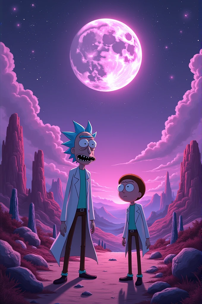 Rick and morty with purple and moon background