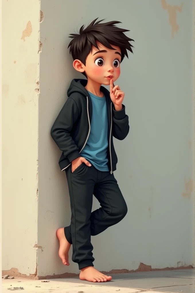 Barefoot boy in black sports pants, black open top sweater and under the sweater he has a blue shirt leaning against the wall lifting his foot