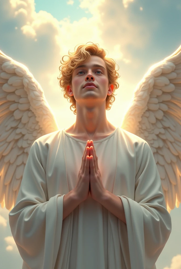 "Create the image of a very handsome male angel, with curly blonde hair and bright blue eyes, but with eyes closed in an expression of devotion. The angel must have a serene and angelic appearance, with a soft and gentle countenance. The angel&#39;s wings must be large, white and ethereal, standing out majestically on the back. The angel must be positioned facing forward, from the bust up, with hands together in a prayer posture. The background can be a heavenly scene with soft clouds and divine lights, to complement the angelic appearance."






