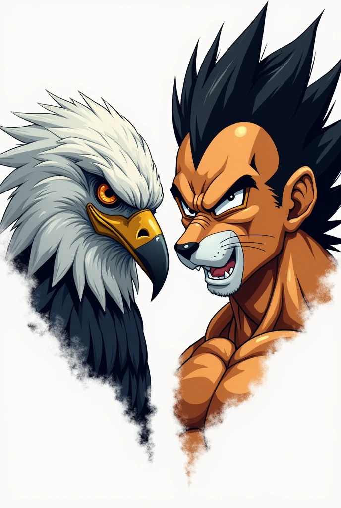 generate the image of the head of an Andean condor and below it the head of a puma, the right of the images include the image of the character Goku and the left the image of Vegeta