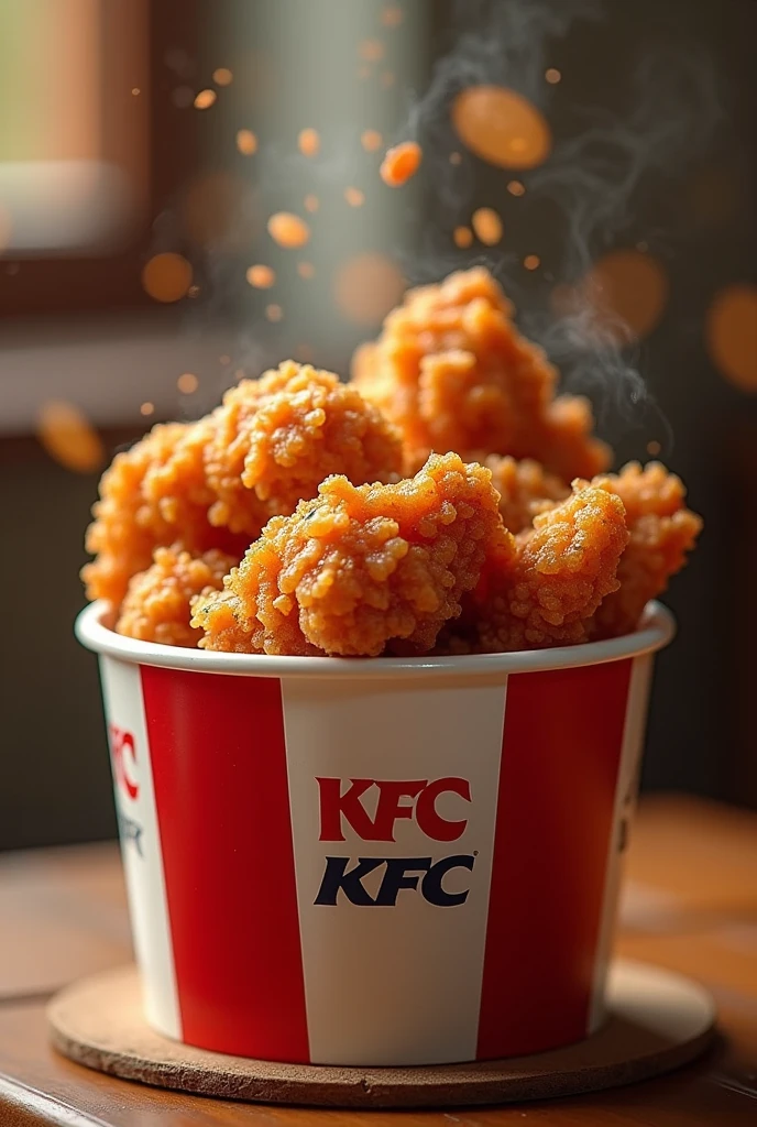 (photorealism:1.2),a bucket of Fried chikens so crispy and smokeys, like KFC, a commercial break with text BURGER WAYS, by Greg Rutkowski, by Alphonse Mucha