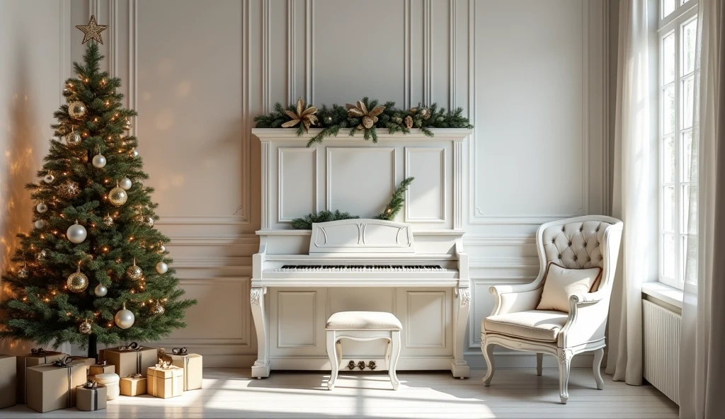 Provencal style Christmas room with wall piano, tree, Luster, window, all white armchair