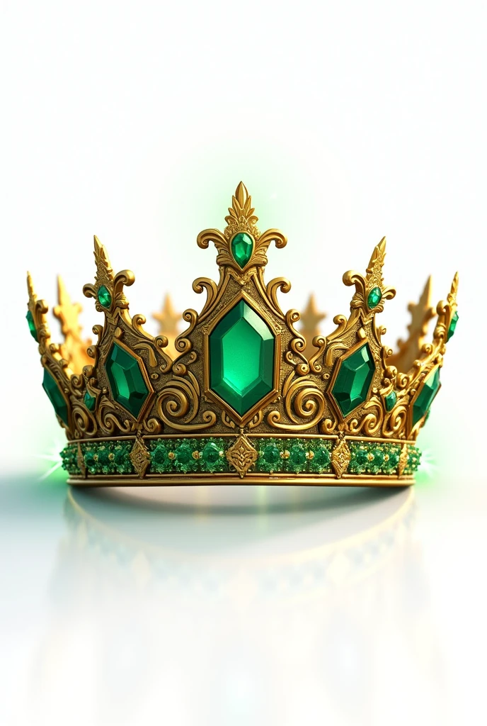 create on a white background, An animated illustration of a golden quinceanera crown, with inlays of green precious stones. The crown debe tener una temática fantástica. The crown, It should resemble a real appearance., predominantly dark green, with intricate gold ornaments. The crown debe presentar patrones ricos y celestiales.. The overall aesthetic should be magical and majestic.., making the crown, be from a fantasy kingdom.
