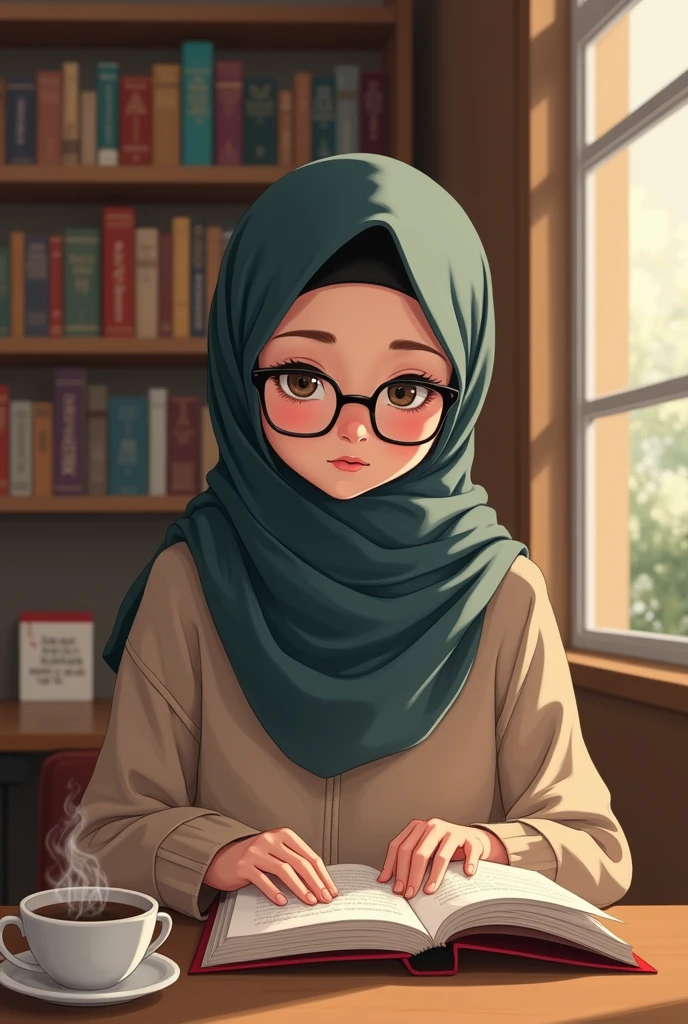 An anime-style girl wearing a hijab that covers down to her chest and do not shows her hair, with glasses, is reading a book at a book café, with a cup of coffee on the table.