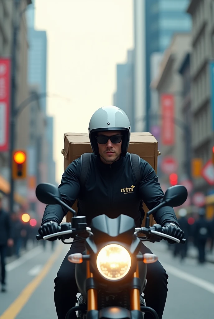 A delivery man on a motorcycle, with a white helmet, black motorcycle, glasses and a large delivery backpack and a small logo 