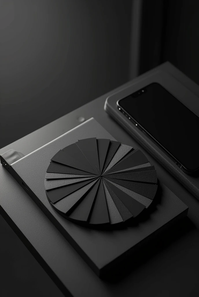 Generate a photo of the color wheel of the color palette black on a clean black table, a notebook with a dark screen. The scene with a dark minimalist black style.