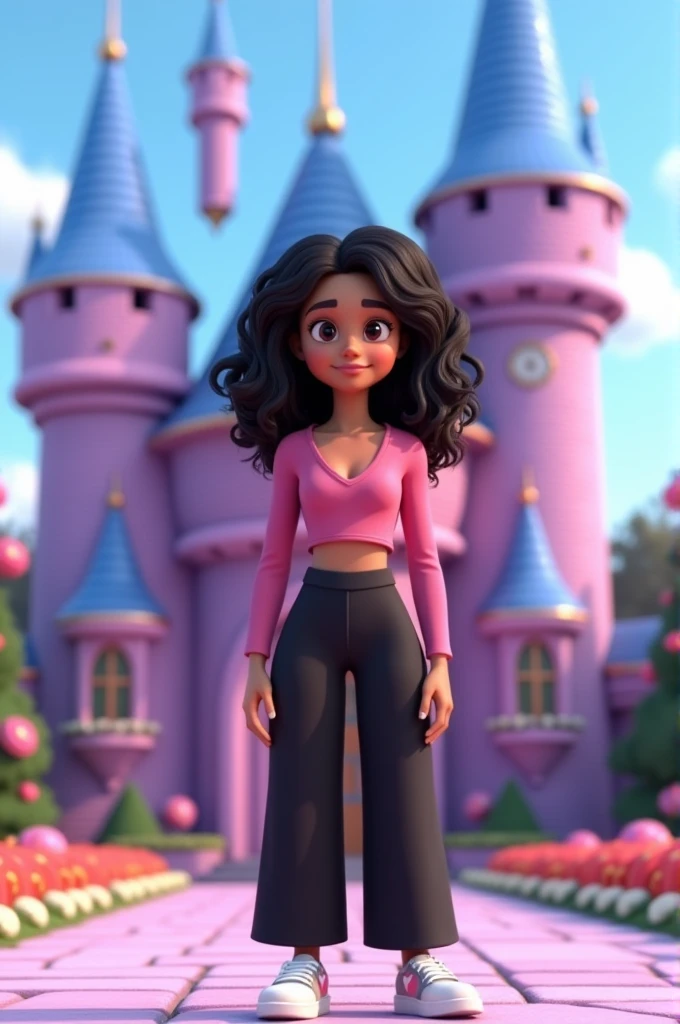create a 3D illustration of an animated character of a beautiful 30-year-old woman with waist-length curly hair,black in color with blonde strands at the ends,as if it were locks,,she has big black eyes,small-nose,small and fleshy mouth,well drawn eyebrow,she is well made up,The character must wear a long-sleeved crop top with a v-neck in pink,and black palazzo pants,tenis sapatrnis cano medio with pink heart,the character's background is a castle made of shiny purple bricks,gable blue roofs, and windows with pink lines,in the front yard surrounded by flowers and the bright blue sky.