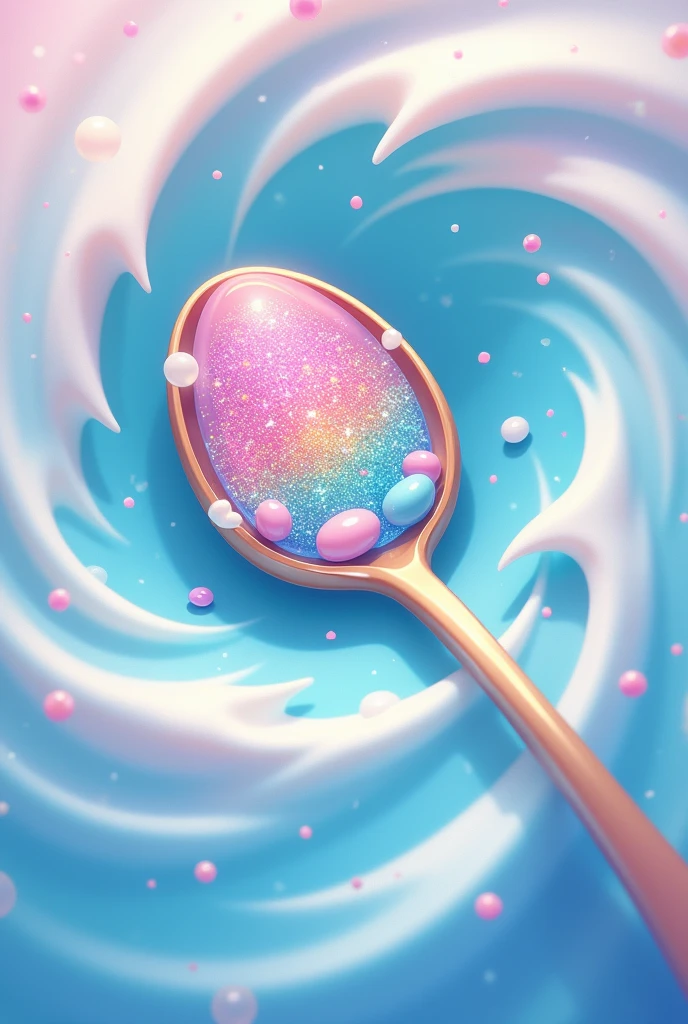 Make a small small spoon with multicolor pastel glitter tiny pebbles inside with splash wave art style around 2d anime drawing cute like in motion logo circle 