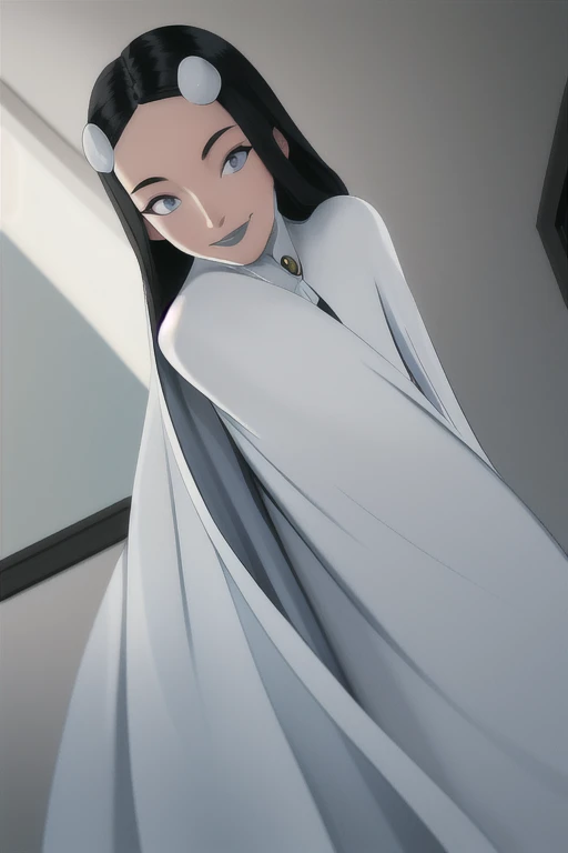 Tinya Wazzo, solo,black hair, long hair. grey eyes, smile, grey lips, white cape, best quality, masterpiece, 1girl, Masterpiece, Best Quality, Detail, room, From Behind, From Below, cape wavering in fronts, cape infront, long cape