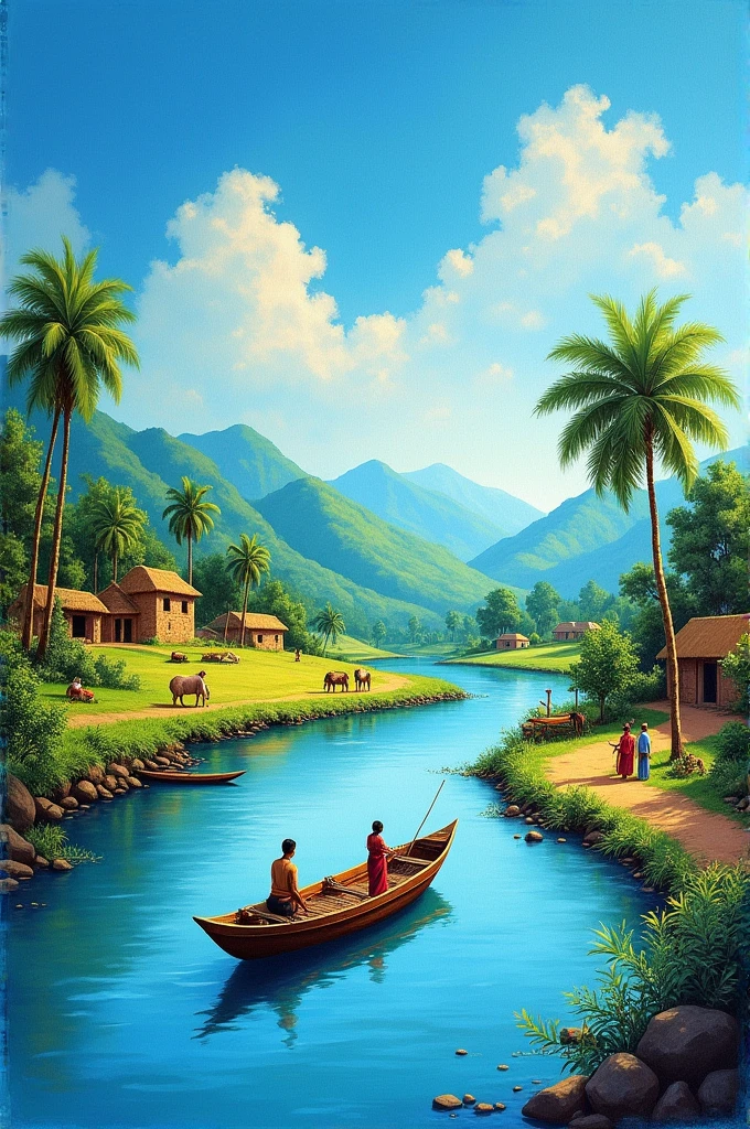 Indian rural village scenery drawing and colorful painting with river, sky, trees, boat 