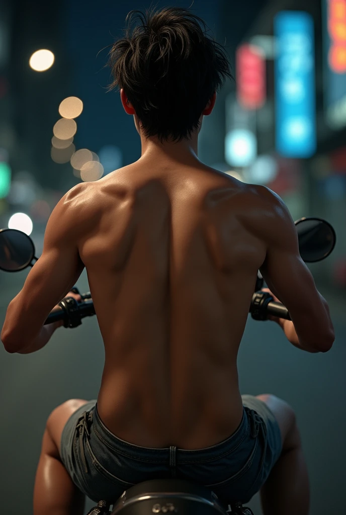 1boy、Real photo style、Photo Quality、Cute handsome man、Mash Hair、Japanese male, 、Completely naked、Full nudity、erection、Huge penis、Highest quality、Realistic、beautiful、Ride a motorcycle、night、darkness、Back view